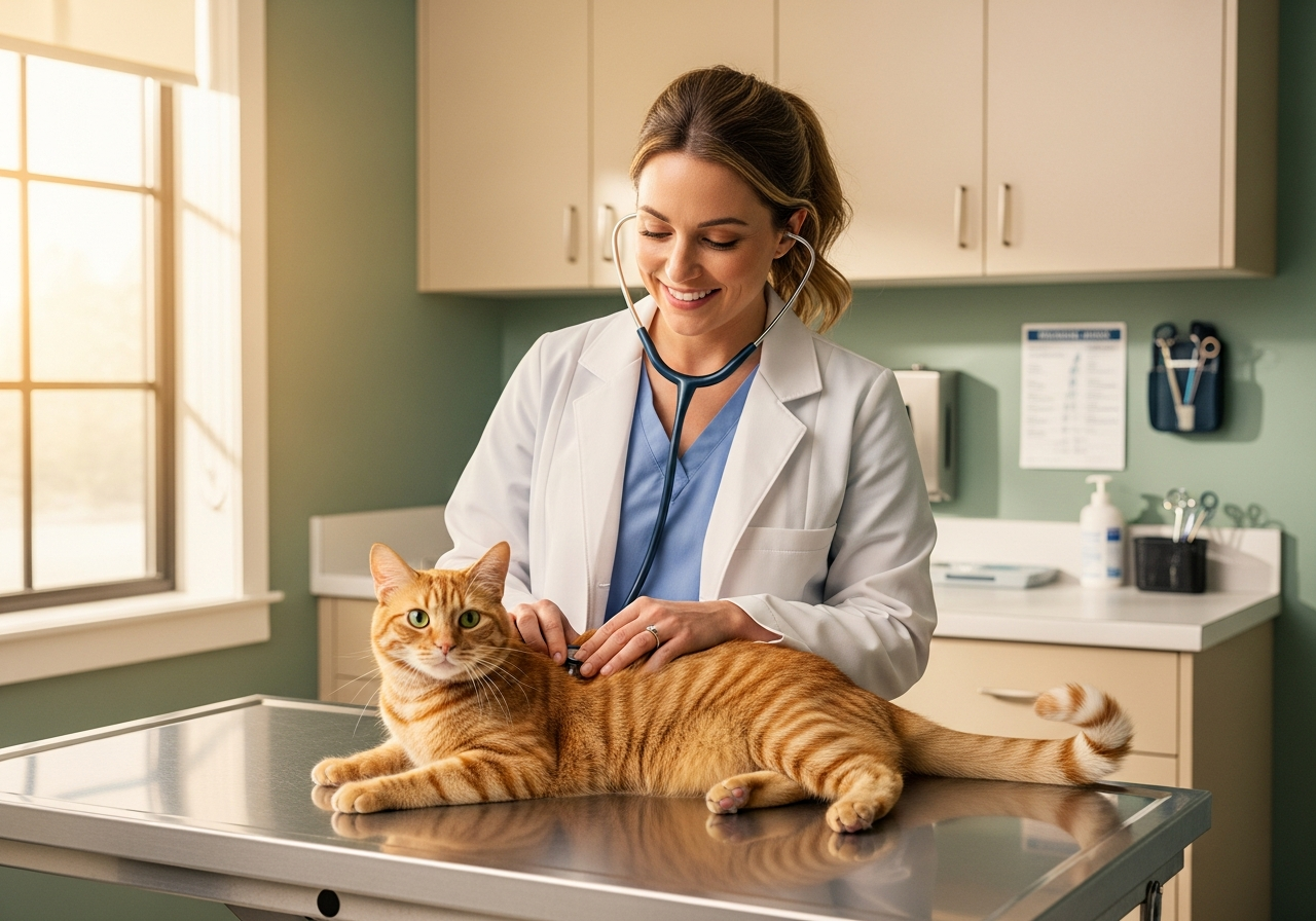 A veterinarian gently examining a tabby cat