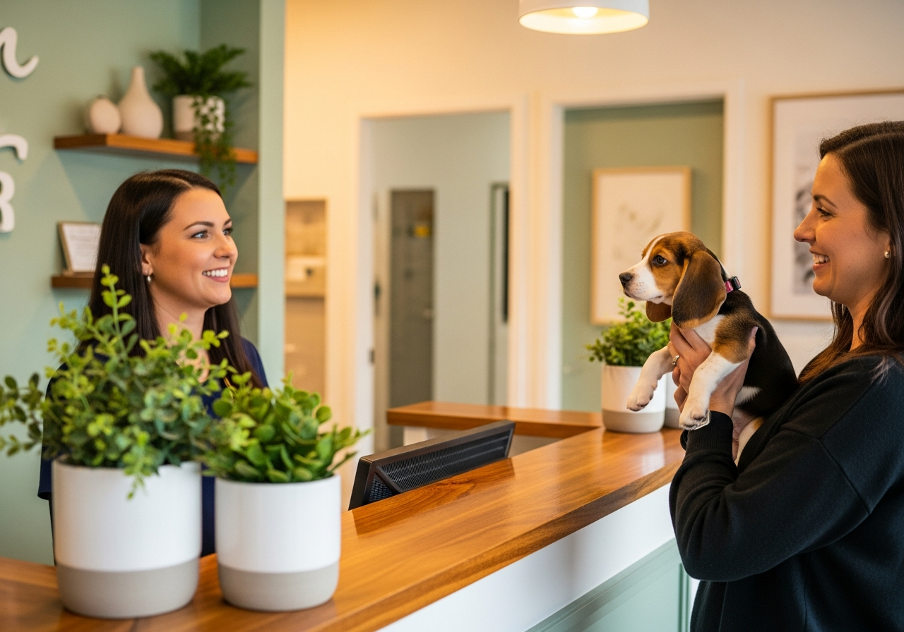A happy dog arriving for its first visit